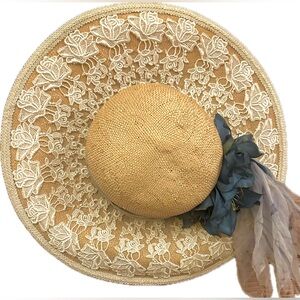 Bespoke Peter Edmonds Provincetown Straw Hat Lace Silk Blue Floral Accent OOAK